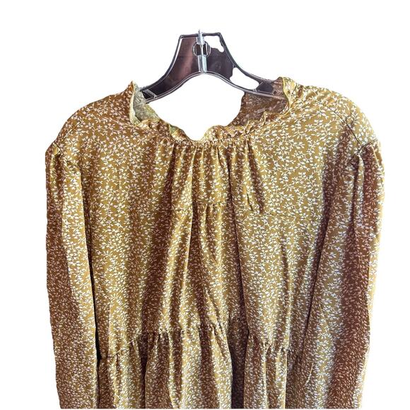 NWT Yellow Tan Long Sleeve Floral Tiered Dress Size XXL Tie Back Women's - Picture 2 of 7